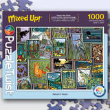 Jigsaw puzzle box displaying Sarah Angst artwork with vibrant nature scenes, animals, and plants. Visible text shows the title “Natures Notes” and “1000 pieces.”.