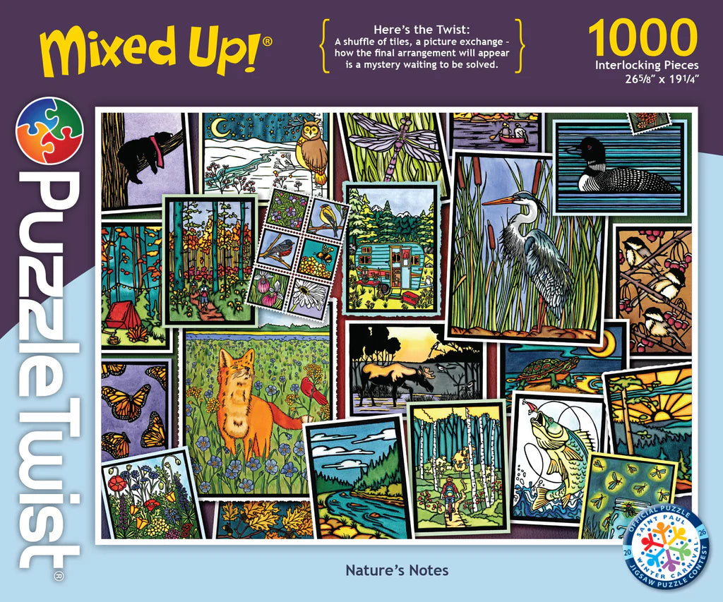 Maynards' Puzzle: Nature's Notes 1000 Piece "Mixed Up!" PuzzleTwist jigsaw puzzle by Sarah Angst features a vibrant collage of nature-themed illustrations—including a fox, heron, owl, camper, loon, and fish—arranged like overlapping postcards on a dark purple background. This Nordic-inspired puzzle is a delightful challenge for nature lovers.
