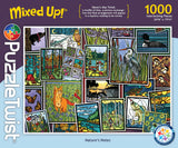 Maynards' Puzzle: Nature's Notes 1000 Piece "Mixed Up!" PuzzleTwist jigsaw puzzle by Sarah Angst features a vibrant collage of nature-themed illustrations—including a fox, heron, owl, camper, loon, and fish—arranged like overlapping postcards on a dark purple background. This Nordic-inspired puzzle is a delightful challenge for nature lovers.