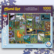 Box cover features vibrant, nature-inspired artwork by Sarah Angst, showcasing animals, birds, trees, and lakes. The text reads “Mixed Up!” and “1000 interlocking pieces.” The brand name “Maynards” is displayed on the left, highlighting this unique PuzzleTwist Nordic puzzle experience with the product title: Nature's Notes 1000 Piece "Mixed Up!" Jigsaw Puzzle.