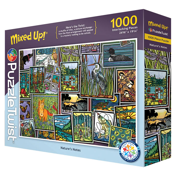 A 1000-piece "Nature's Notes" Mixed Up! jigsaw puzzle by Sarah Angst, produced by Maynards under the PuzzleTwist brand. The box features a vibrant collage of various wildlife, birds, and nature scenes, inspired by Sarah Angst’s distinctive artwork.