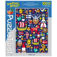 1000-piece puzzle with Nordic symbols, Scandinavian flags, Viking ships, gnomes, and words like Fika and Hygge on a dark blue background.