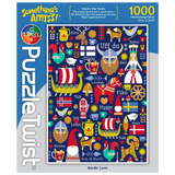 1000-piece puzzle with Nordic symbols, Scandinavian flags, Viking ships, gnomes, and words like Fika and Hygge on a dark blue background.