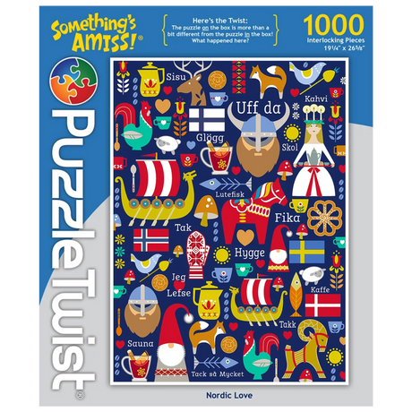 1000-piece puzzle with Nordic symbols, Scandinavian flags, Viking ships, gnomes, and words like Fika and Hygge on a dark blue background.