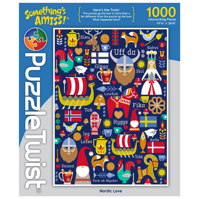 1000-piece puzzle with Nordic symbols, Scandinavian flags, Viking ships, gnomes, and words like Fika and Hygge on a dark blue background.