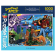 Puzzle box with colorful illustration of Paul Bunyan, Babe the Blue Ox, city skyline, wildlife, river, and text “Somethings Amiss! 1000 piece puzzle.”.