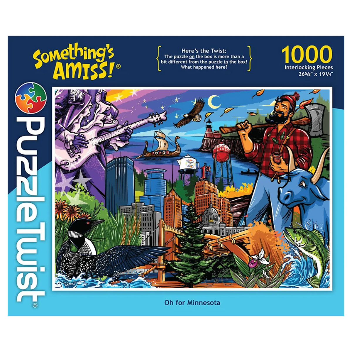 Puzzle box with colorful illustration of Paul Bunyan, Babe the Blue Ox, city skyline, wildlife, river, and text “Somethings Amiss! 1000 piece puzzle.”.