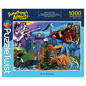 Puzzle box with colorful illustration of Paul Bunyan, Babe the Blue Ox, city skyline, wildlife, river, and text “Somethings Amiss! 1000 piece puzzle.”.