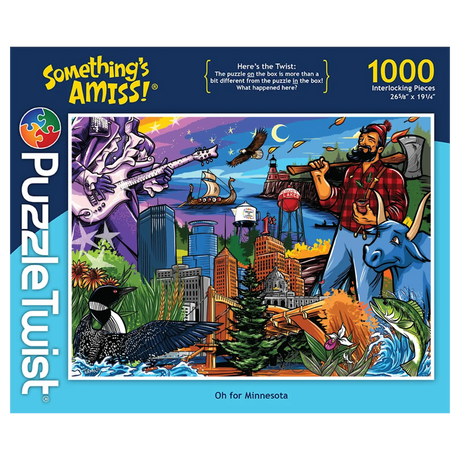 Puzzle box with colorful illustration of Paul Bunyan, Babe the Blue Ox, city skyline, wildlife, river, and text “Somethings Amiss! 1000 piece puzzle.”.