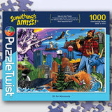 1000 piece puzzle showing Minnesota city buildings, Paul Bunyan, a blue ox, lakes, a loon, trees, and local landmarks under a bright sky.
