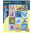Puzzle box showing twelve quilt-style animal blocks, including birds, an owl, and a fox. Box label includes artist name Mirka Hokkanen and the 500 piece count.
