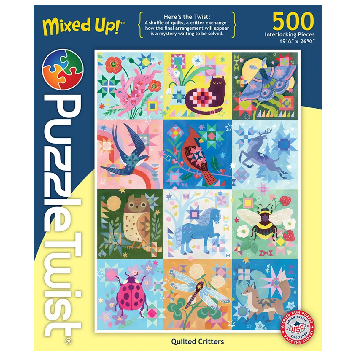 Puzzle box showing twelve quilt-style animal blocks, including birds, an owl, and a fox. Box label includes artist name Mirka Hokkanen and the 500 piece count.