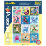 Puzzle box showing twelve quilt-style animal blocks, including birds, an owl, and a fox. Box label includes artist name Mirka Hokkanen and the 500 piece count.