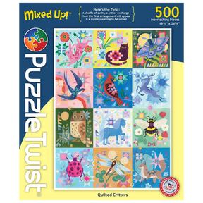 Puzzle box showing twelve quilt-style animal blocks, including birds, an owl, and a fox. Box label includes artist name Mirka Hokkanen and the 500 piece count.