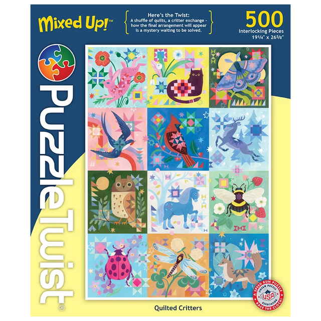 Puzzle box showing twelve quilt-style animal blocks, including birds, an owl, and a fox. Box label includes artist name Mirka Hokkanen and the 500 piece count.