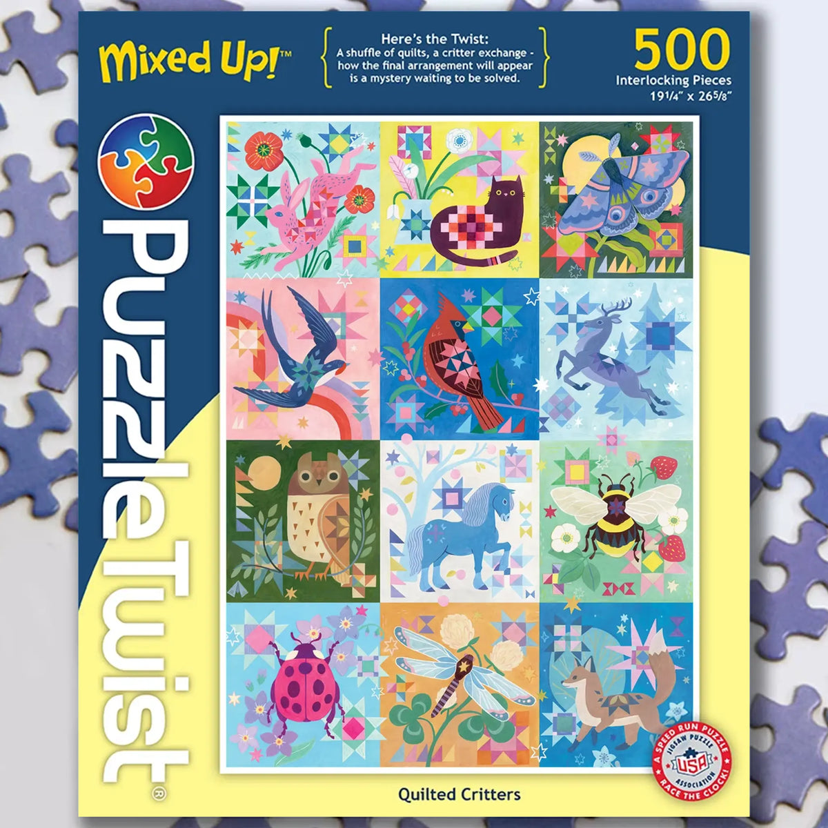500 piece puzzle box showing illustrated owls, birds, foxes, and insects on quilt-patterned backgrounds. The title “Quilted Critters Puzzle” appears on the box.