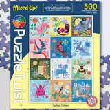 500 piece puzzle box showing illustrated owls, birds, foxes, and insects on quilt-patterned backgrounds. The title “Quilted Critters Puzzle” appears on the box.