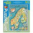 500 piece jigsaw puzzle box showing a colorful illustrated map of Scandinavia with visible flags, landmarks, and PuzzleTwist branding on the side. Art by Mirka Hokkanen.