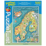 500 piece jigsaw puzzle box showing a colorful illustrated map of Scandinavia with visible flags, landmarks, and PuzzleTwist branding on the side. Art by Mirka Hokkanen.