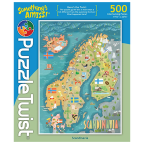500 piece jigsaw puzzle box showing a colorful illustrated map of Scandinavia with visible flags, landmarks, and PuzzleTwist branding on the side. Art by Mirka Hokkanen.