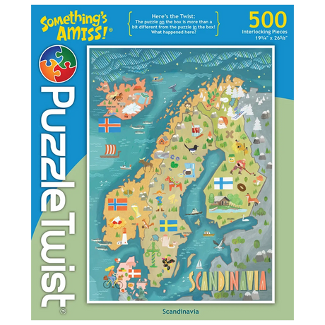 500 piece jigsaw puzzle box showing a colorful illustrated map of Scandinavia with visible flags, landmarks, and PuzzleTwist branding on the side. Art by Mirka Hokkanen.