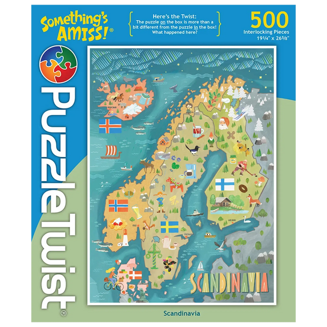 500 piece jigsaw puzzle box showing a colorful illustrated map of Scandinavia with visible flags, landmarks, and PuzzleTwist branding on the side. Art by Mirka Hokkanen.