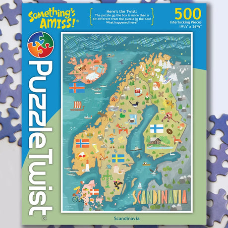 500 piece jigsaw puzzle showing a colorful map of Scandinavia with visible flags, landmarks, and animals. The word “Scandinavia” appears in the design.