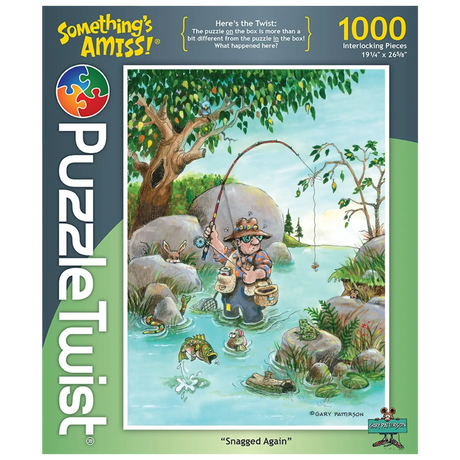 A 1000 piece jigsaw puzzle showing a cartoon fisherman catching a fish, surrounded by animals and comic mishaps in an illustrated outdoor scene.