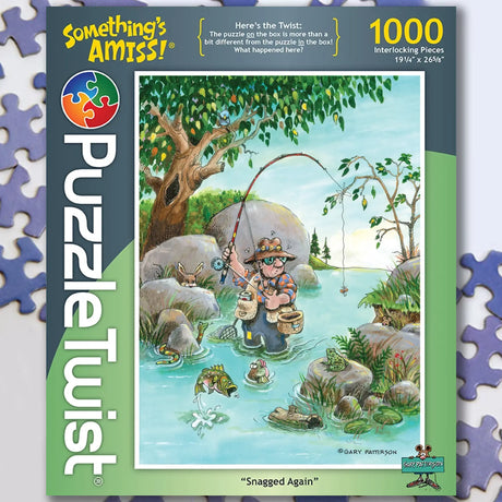 Jigsaw puzzle box cover showing a fisherman in a boat, a fish on his line pulling off his hat, with animals and dense green trees in the background. 1000 pieces.