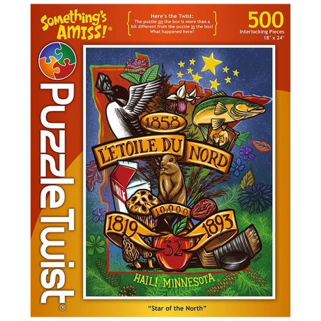 500-piece puzzle showing Adam Turman’s illustrations of Minnesota symbols, animals, and dates on a red-orange background; text includes “LEtoile Du Nord.”.