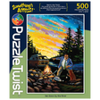 500 piece jigsaw puzzle showing Adam Turman’s illustration of a man by a van near a river at sunset, roasting marshmallows. “Somethings Amiss!” is visible on the box.