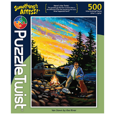 500 piece jigsaw puzzle showing Adam Turman’s illustration of a man by a van near a river at sunset, roasting marshmallows. “Somethings Amiss!” is visible on the box.