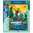 500-piece puzzle featuring a cartoon lumberjack and blue ox crossing a stream on a log in a bright forest, with “Somethings Amiss!” printed on the box.