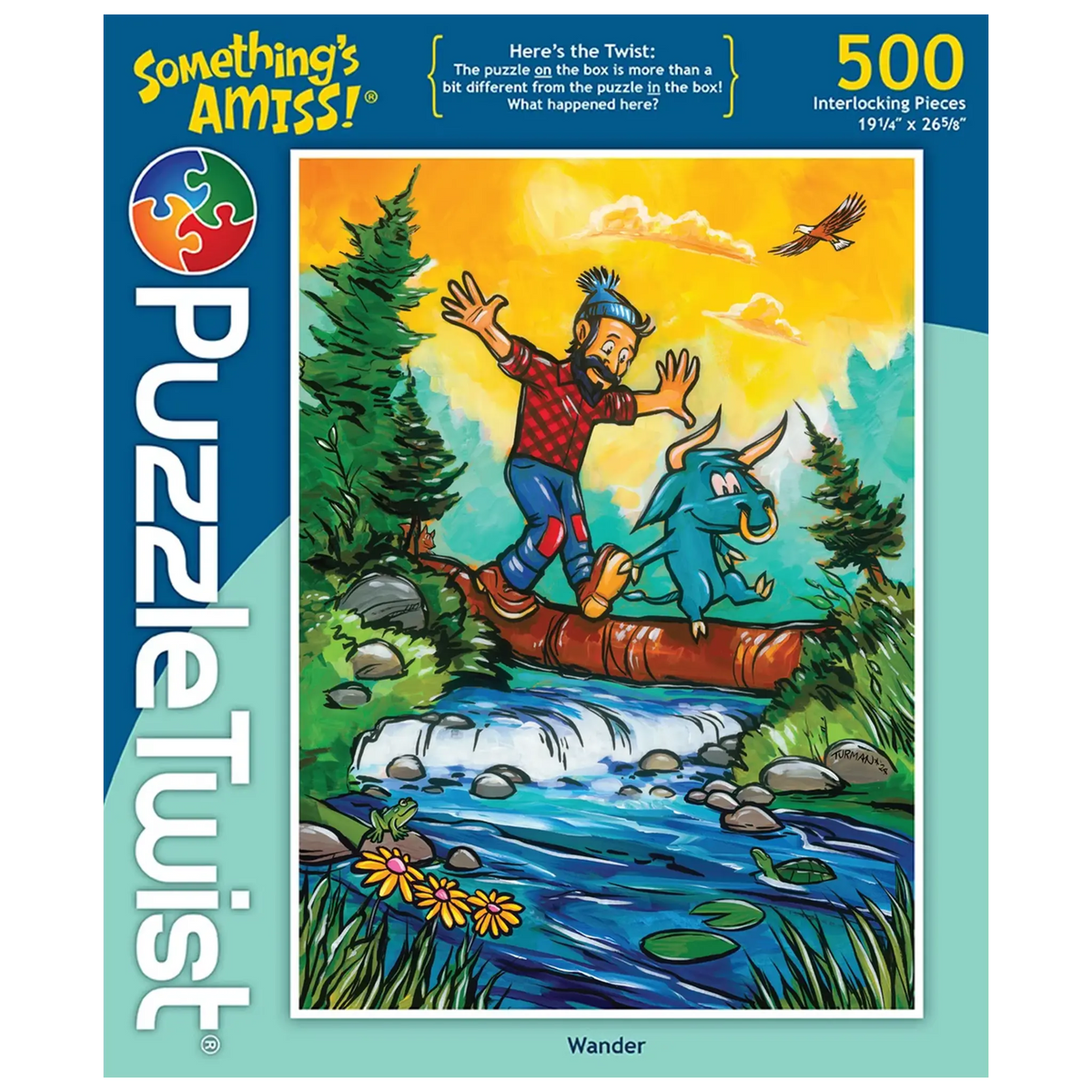 500-piece puzzle featuring a cartoon lumberjack and blue ox crossing a stream on a log in a bright forest, with “Somethings Amiss!” printed on the box.