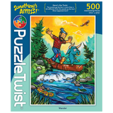 500-piece puzzle featuring a cartoon lumberjack and blue ox crossing a stream on a log in a bright forest, with “Somethings Amiss!” printed on the box.
