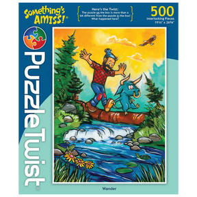 500-piece puzzle featuring a cartoon lumberjack and blue ox crossing a stream on a log in a bright forest, with “Somethings Amiss!” printed on the box.