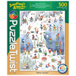Jigsaw puzzle showing gnomes in snowy outdoor scenes with animals and sleds; the assembled puzzle image is different from the one shown on the box cover.