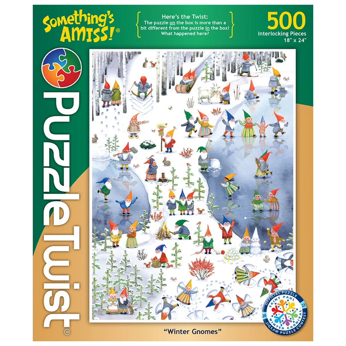 Jigsaw puzzle showing gnomes in snowy outdoor scenes with animals and sleds; the assembled puzzle image is different from the one shown on the box cover.