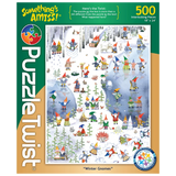 Jigsaw puzzle showing gnomes in snowy outdoor scenes with animals and sleds; the assembled puzzle image is different from the one shown on the box cover.