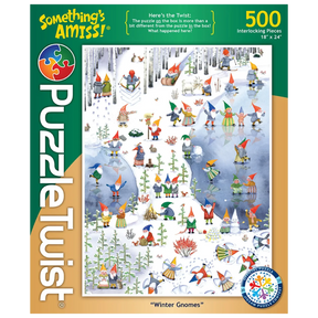 Jigsaw puzzle showing gnomes in snowy outdoor scenes with animals and sleds; the assembled puzzle image is different from the one shown on the box cover.