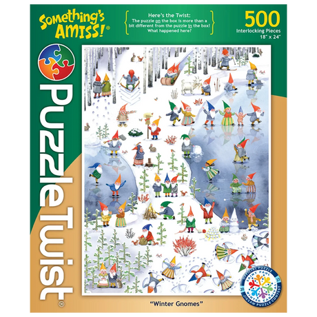 Jigsaw puzzle showing gnomes in snowy outdoor scenes with animals and sleds; the assembled puzzle image is different from the one shown on the box cover.