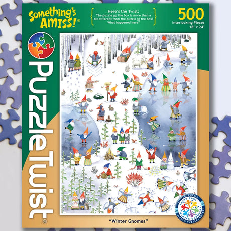 Jigsaw puzzle showing gnomes in Nordic winter scenes, wearing pointy hats and surrounded by snow, trees, and Scandinavian-inspired patterns.