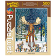 A jigsaw puzzle box featuring a colorful moose wearing a striped scarf standing in snowy Minnesota wildlife with a rabbit. The box displays “Somethings Amiss!”.