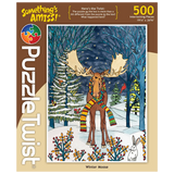 A jigsaw puzzle box featuring a colorful moose wearing a striped scarf standing in snowy Minnesota wildlife with a rabbit. The box displays “Somethings Amiss!”.