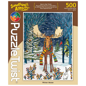 A jigsaw puzzle box featuring a colorful moose wearing a striped scarf standing in snowy Minnesota wildlife with a rabbit. The box displays “Somethings Amiss!”.