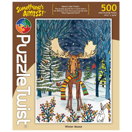 A jigsaw puzzle box featuring a colorful moose wearing a striped scarf standing in snowy Minnesota wildlife with a rabbit. The box displays “Somethings Amiss!”.
