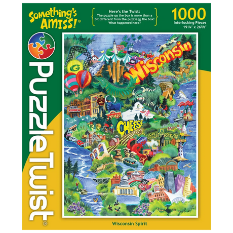 Jigsaw puzzle with Wisconsin landmarks and the text “Wisconsin Spirit” on the image; 1000 pieces shown. Image on puzzle differs from box cover.