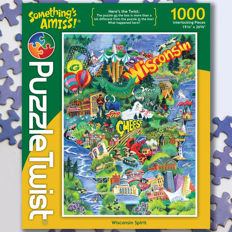 1000-piece jigsaw puzzle box showing a colorful illustrated map of Wisconsin with landmarks, labeled “Wisconsin Spirit” and “Somethings Amiss!”.