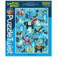1000-piece puzzle featuring colorful woodland animals decorated with Scandinavian folk art patterns on a blue background.