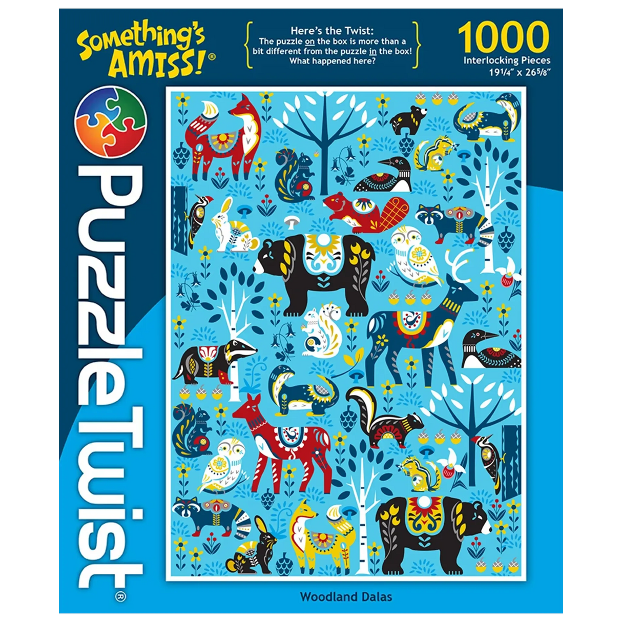 1000-piece puzzle featuring colorful woodland animals decorated with Scandinavian folk art patterns on a blue background.